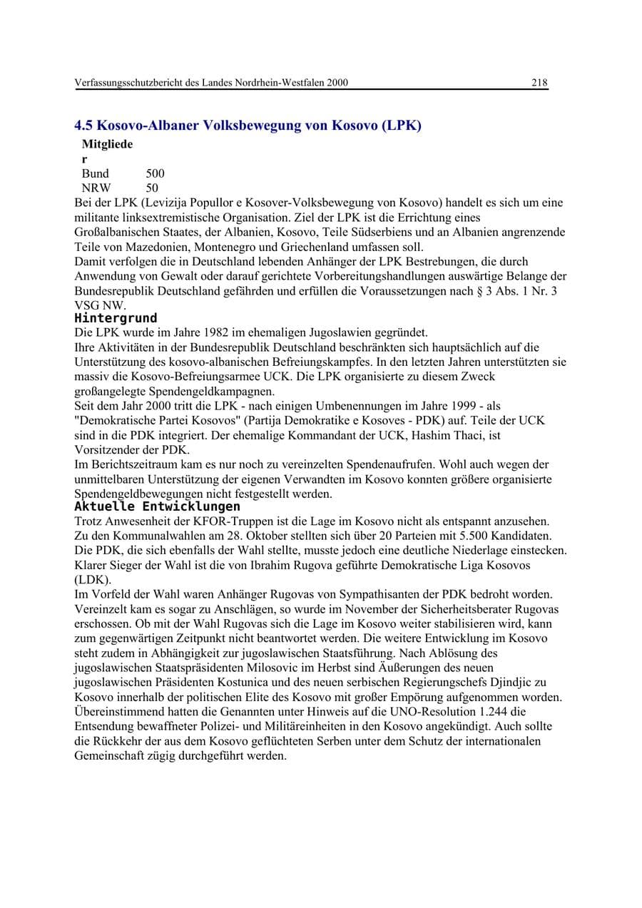 Seite 218 des Verfassungsschutzbericht 2000 Nordrhein-Westfalen