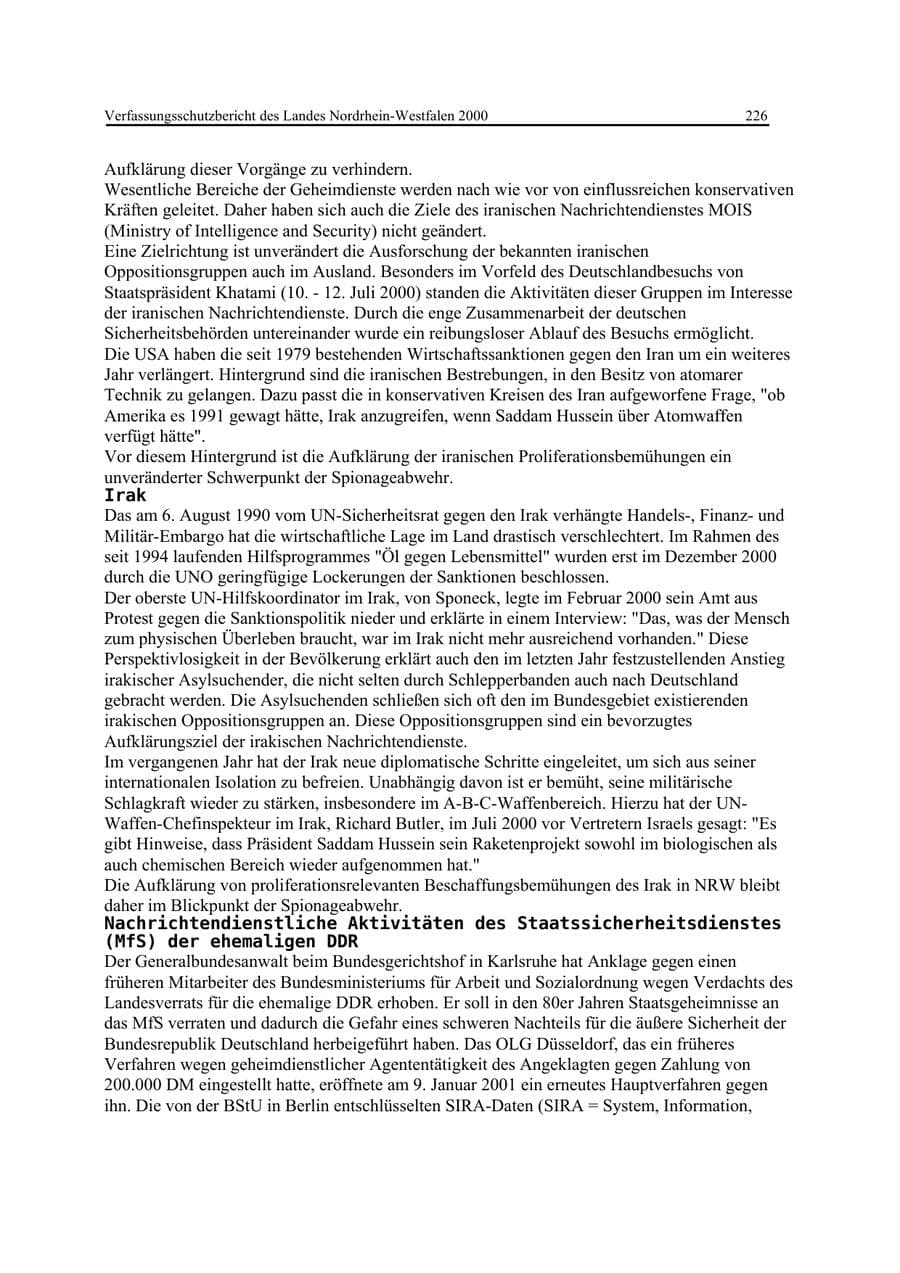 Seite 226 des Verfassungsschutzbericht 2000 Nordrhein-Westfalen
