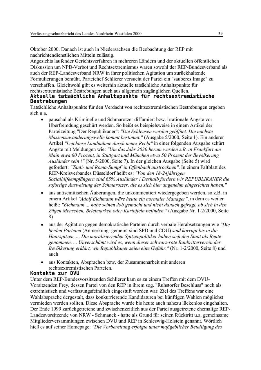 Seite 39 des Verfassungsschutzbericht 2000 Nordrhein-Westfalen