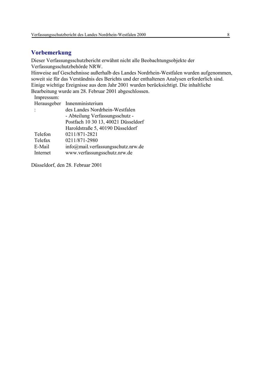 Seite 8 des Verfassungsschutzbericht 2000 Nordrhein-Westfalen