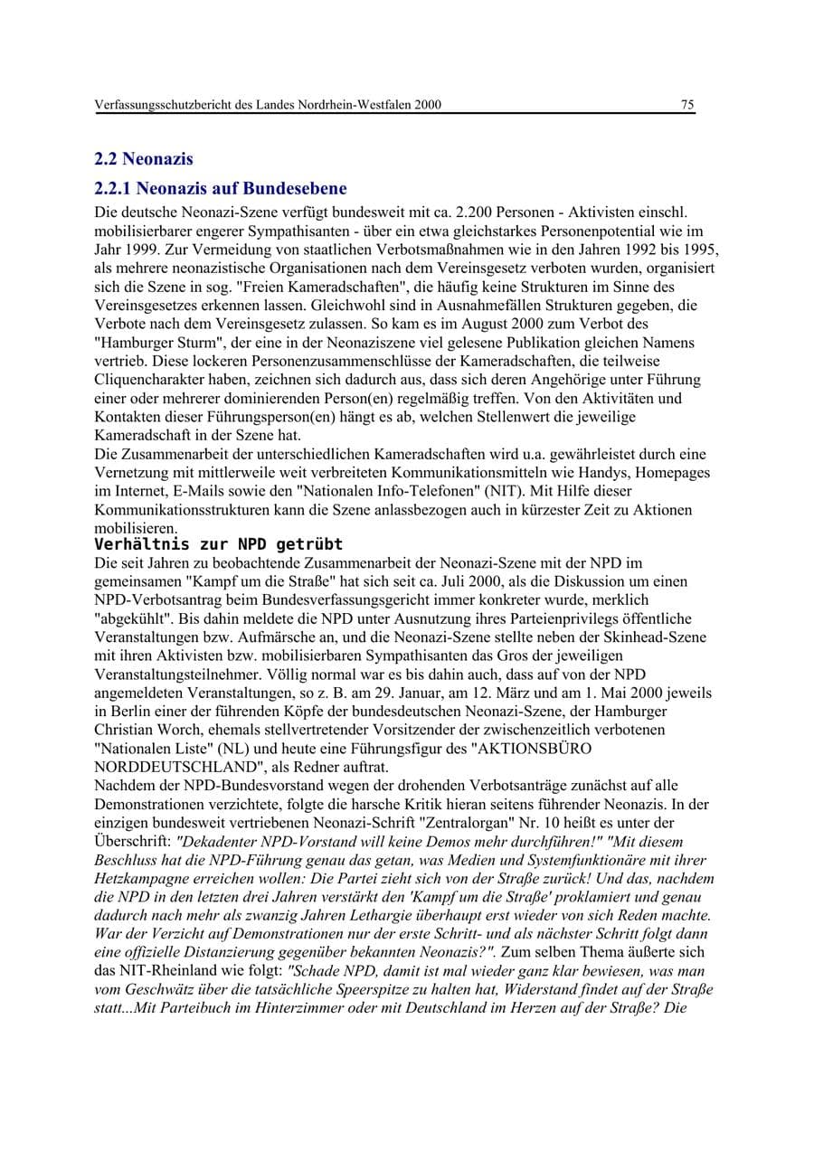 Seite 75 des Verfassungsschutzbericht 2000 Nordrhein-Westfalen