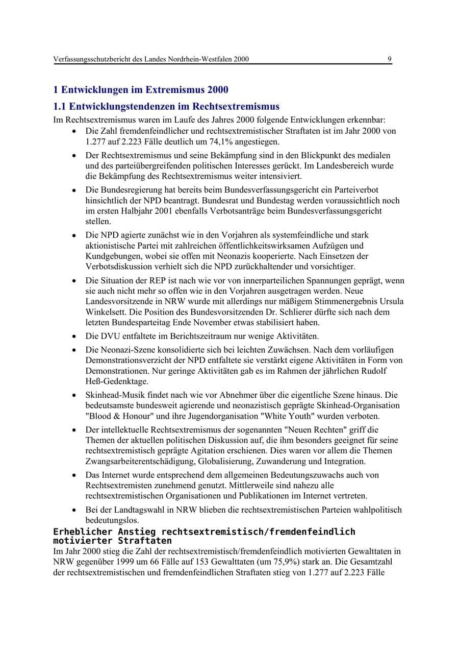 Seite 9 des Verfassungsschutzbericht 2000 Nordrhein-Westfalen