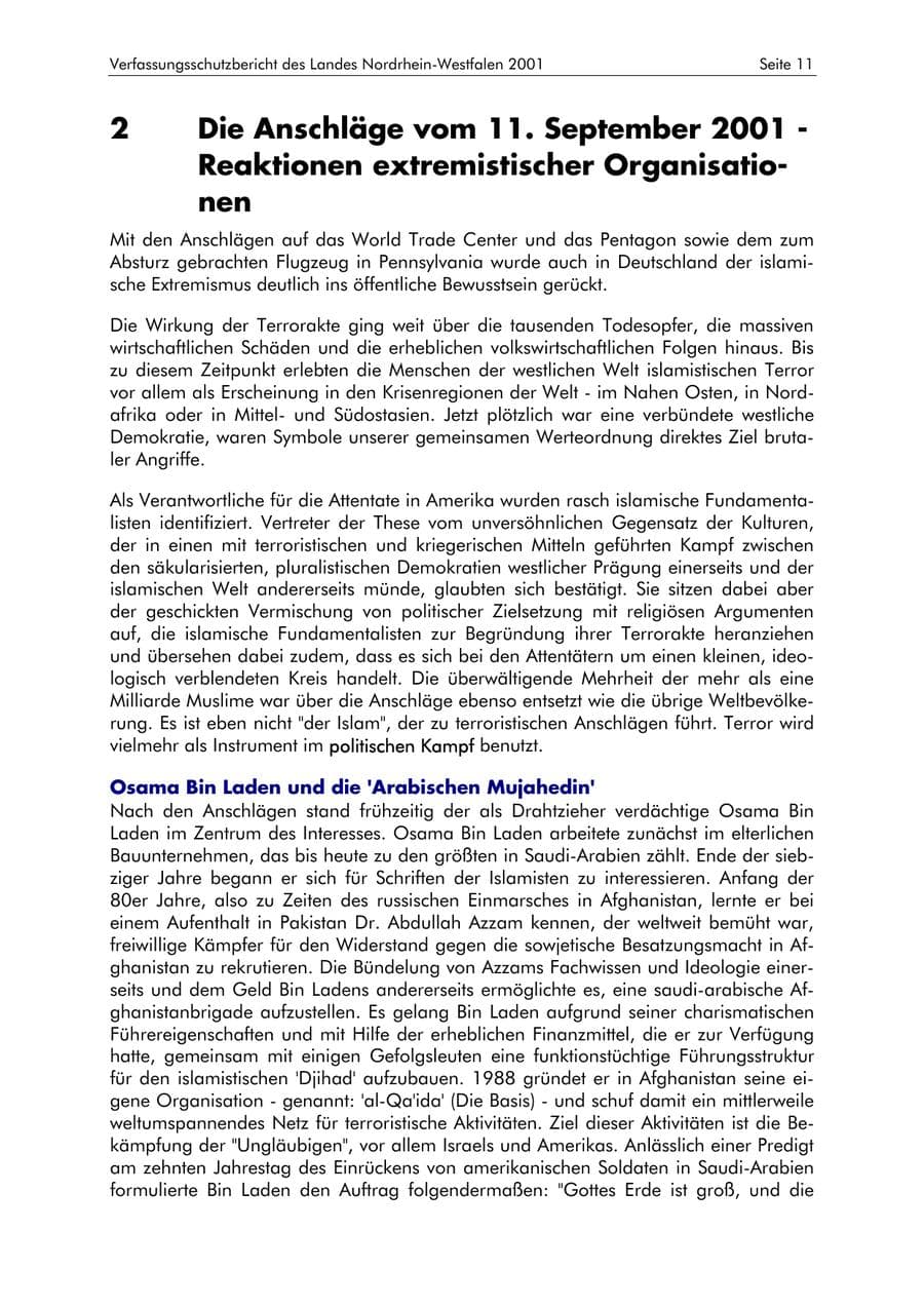 Seite 11 des Verfassungsschutzbericht 2001 Nordrhein-Westfalen