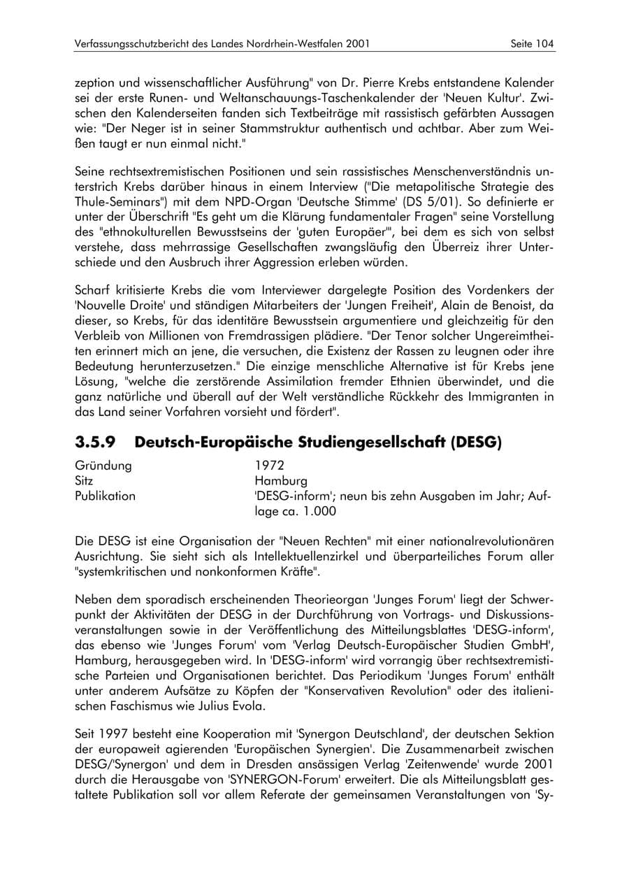 Seite 104 des Verfassungsschutzbericht 2001 Nordrhein-Westfalen