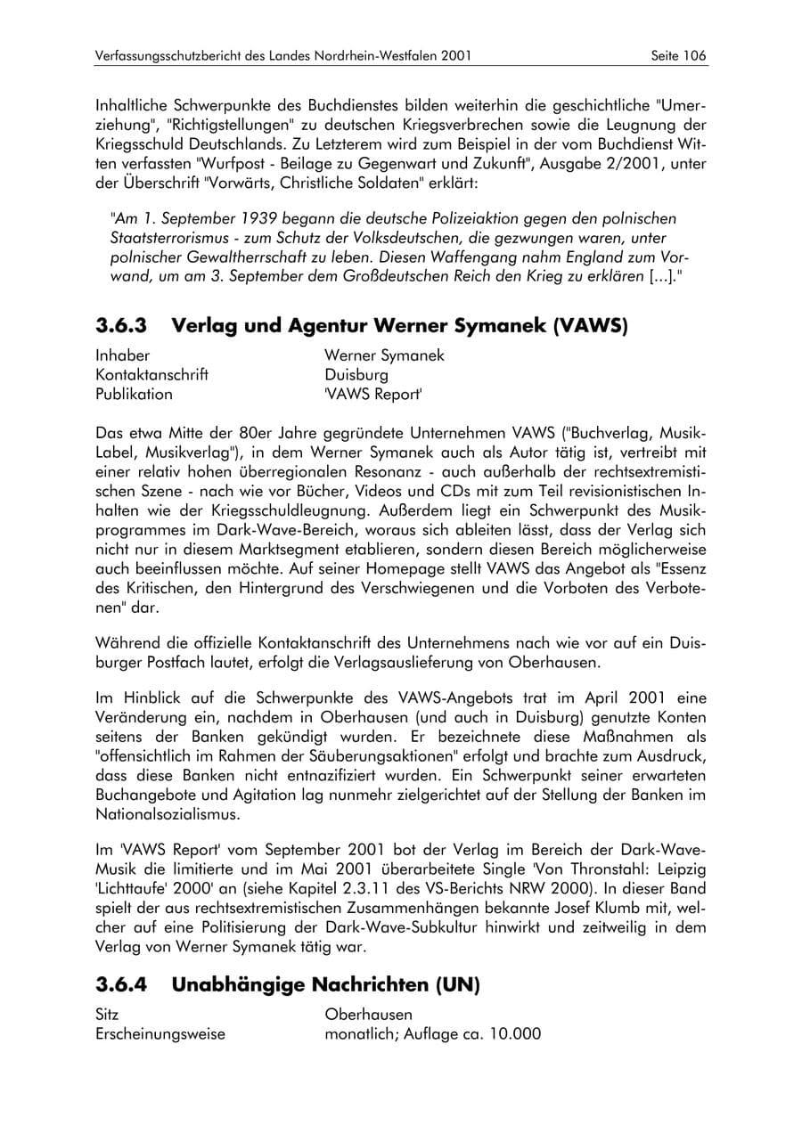 Seite 106 des Verfassungsschutzbericht 2001 Nordrhein-Westfalen