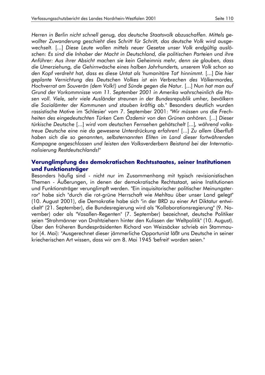Seite 110 des Verfassungsschutzbericht 2001 Nordrhein-Westfalen