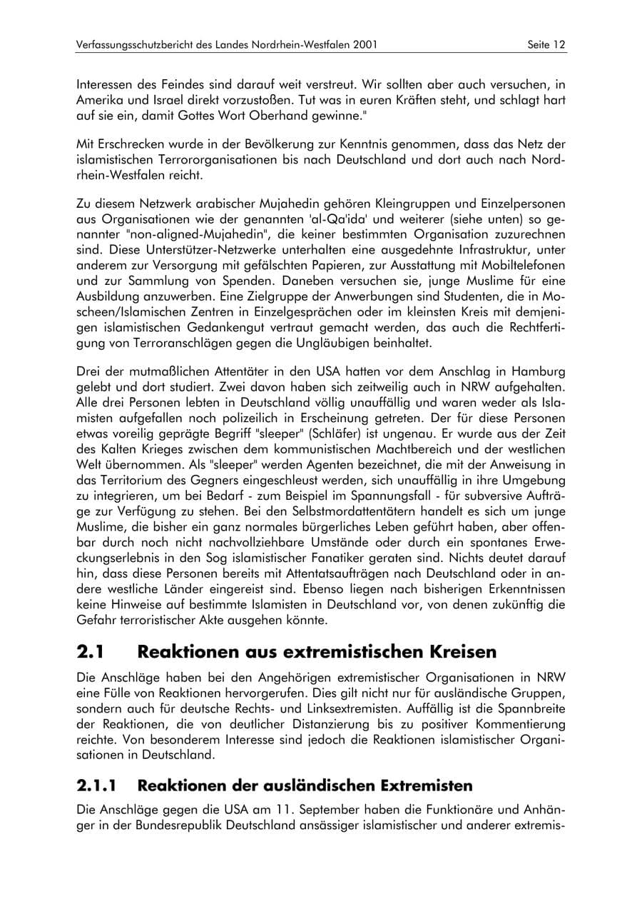 Seite 12 des Verfassungsschutzbericht 2001 Nordrhein-Westfalen