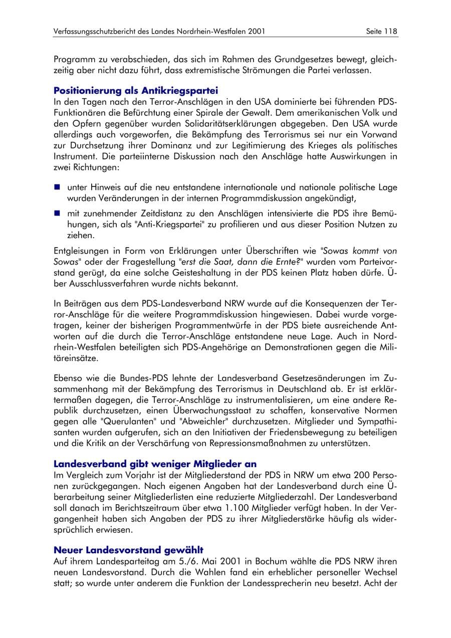 Seite 118 des Verfassungsschutzbericht 2001 Nordrhein-Westfalen