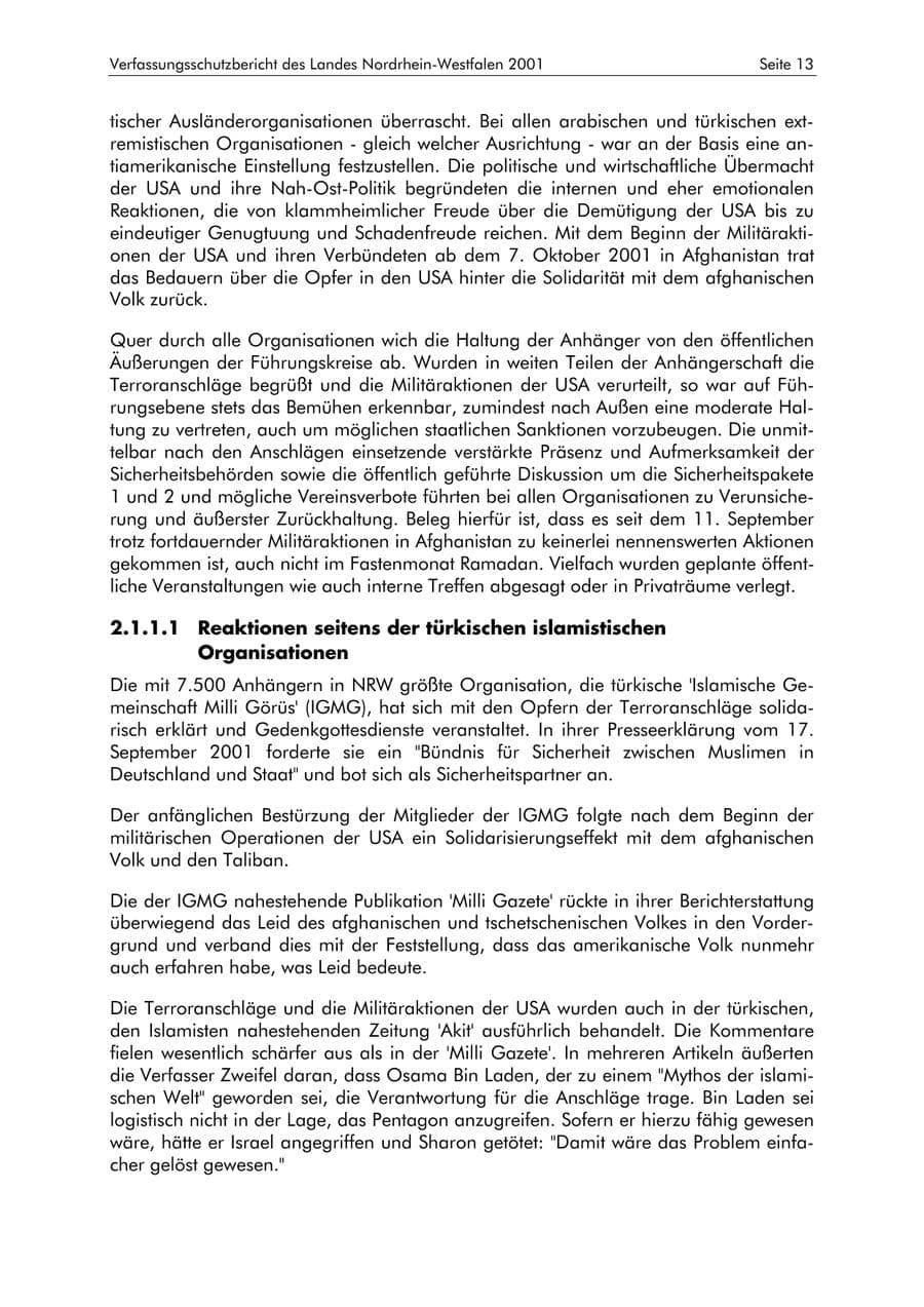 Seite 13 des Verfassungsschutzbericht 2001 Nordrhein-Westfalen