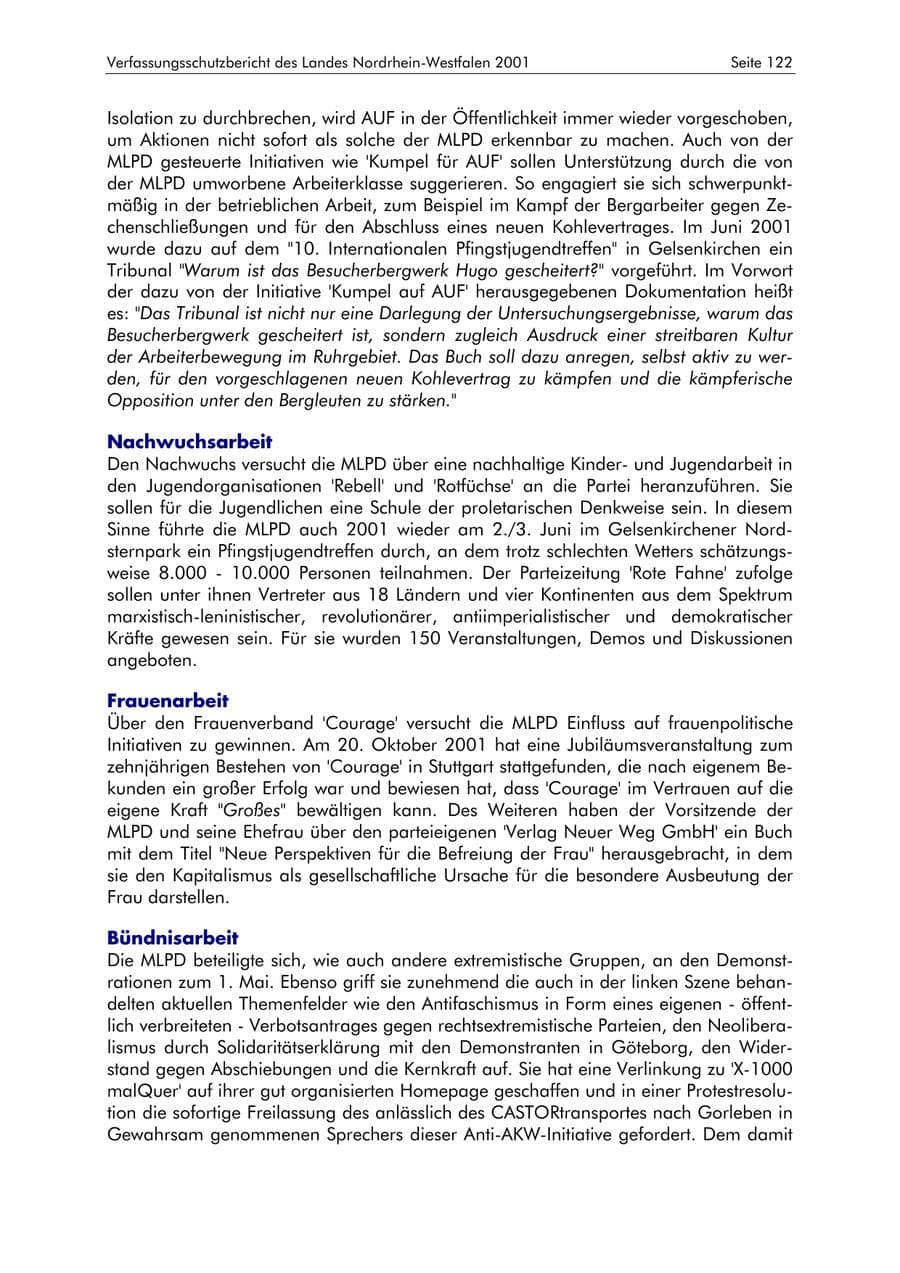 Seite 122 des Verfassungsschutzbericht 2001 Nordrhein-Westfalen