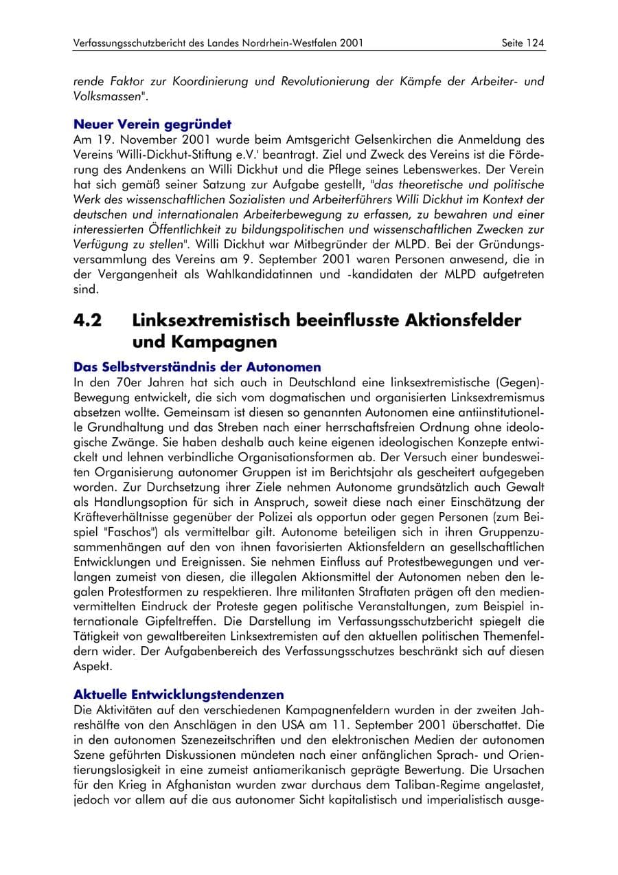 Seite 124 des Verfassungsschutzbericht 2001 Nordrhein-Westfalen