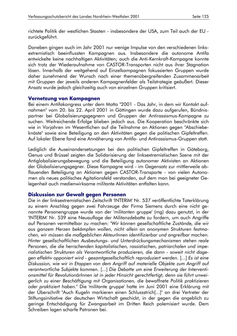 Seite 125 des Verfassungsschutzbericht 2001 Nordrhein-Westfalen