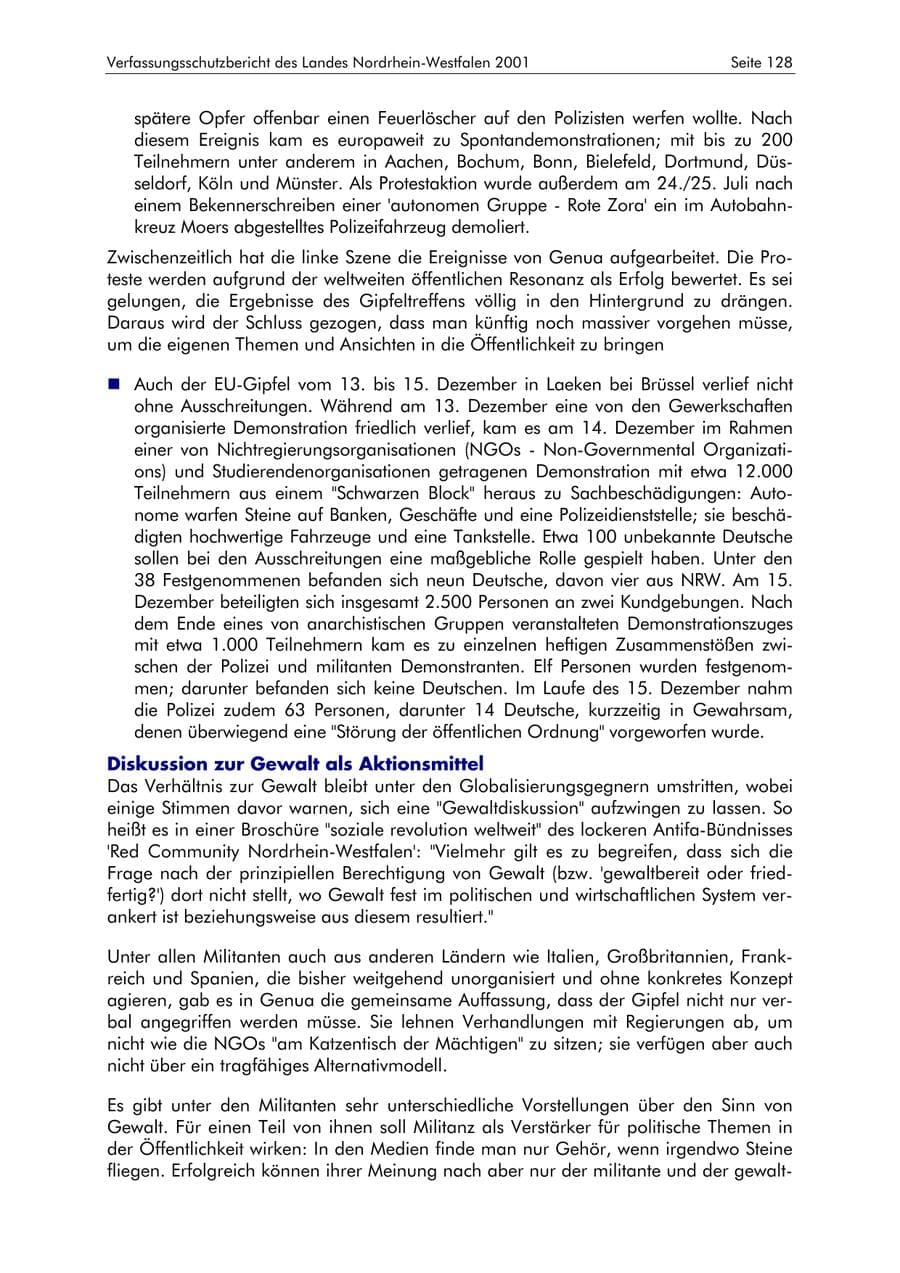 Seite 128 des Verfassungsschutzbericht 2001 Nordrhein-Westfalen