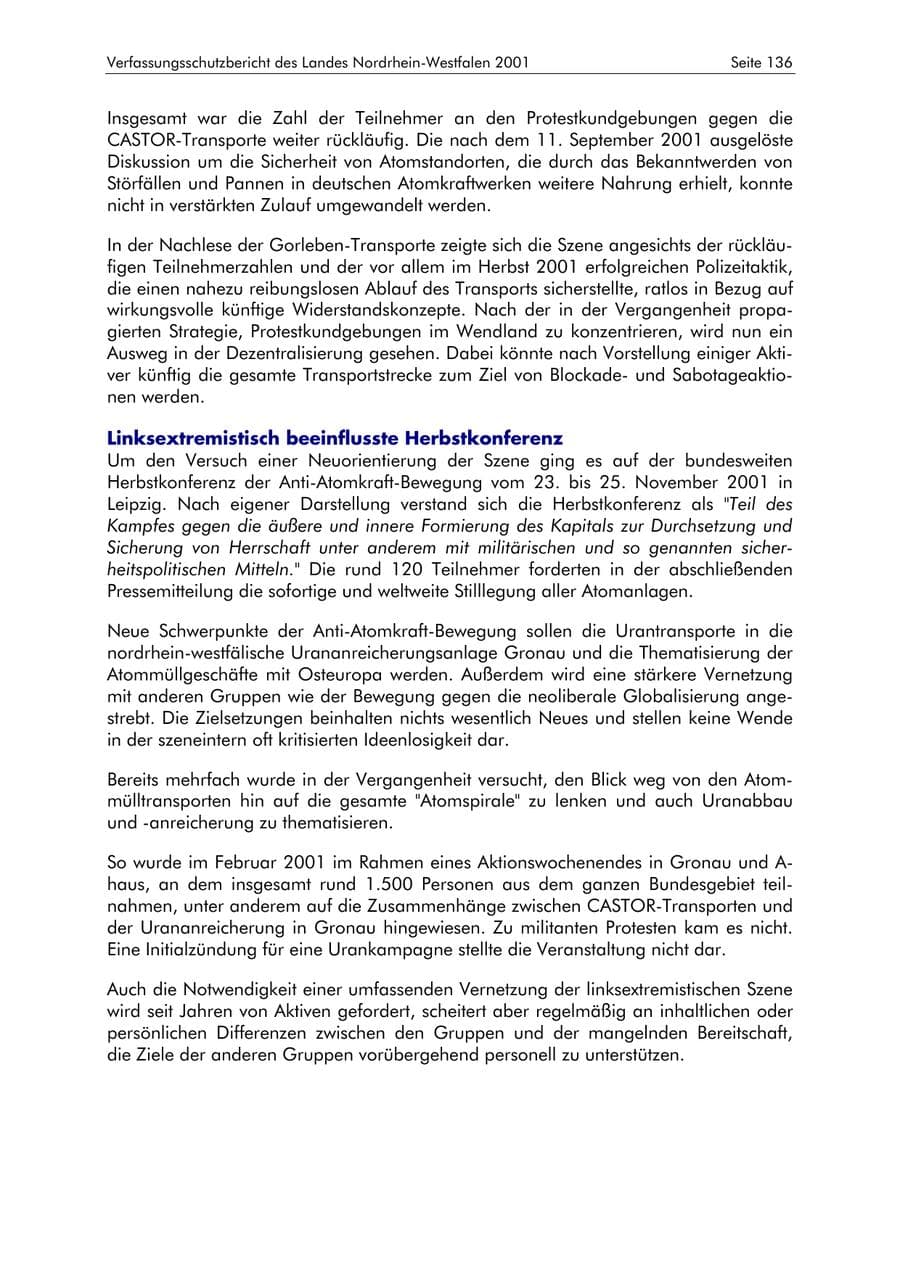 Seite 136 des Verfassungsschutzbericht 2001 Nordrhein-Westfalen