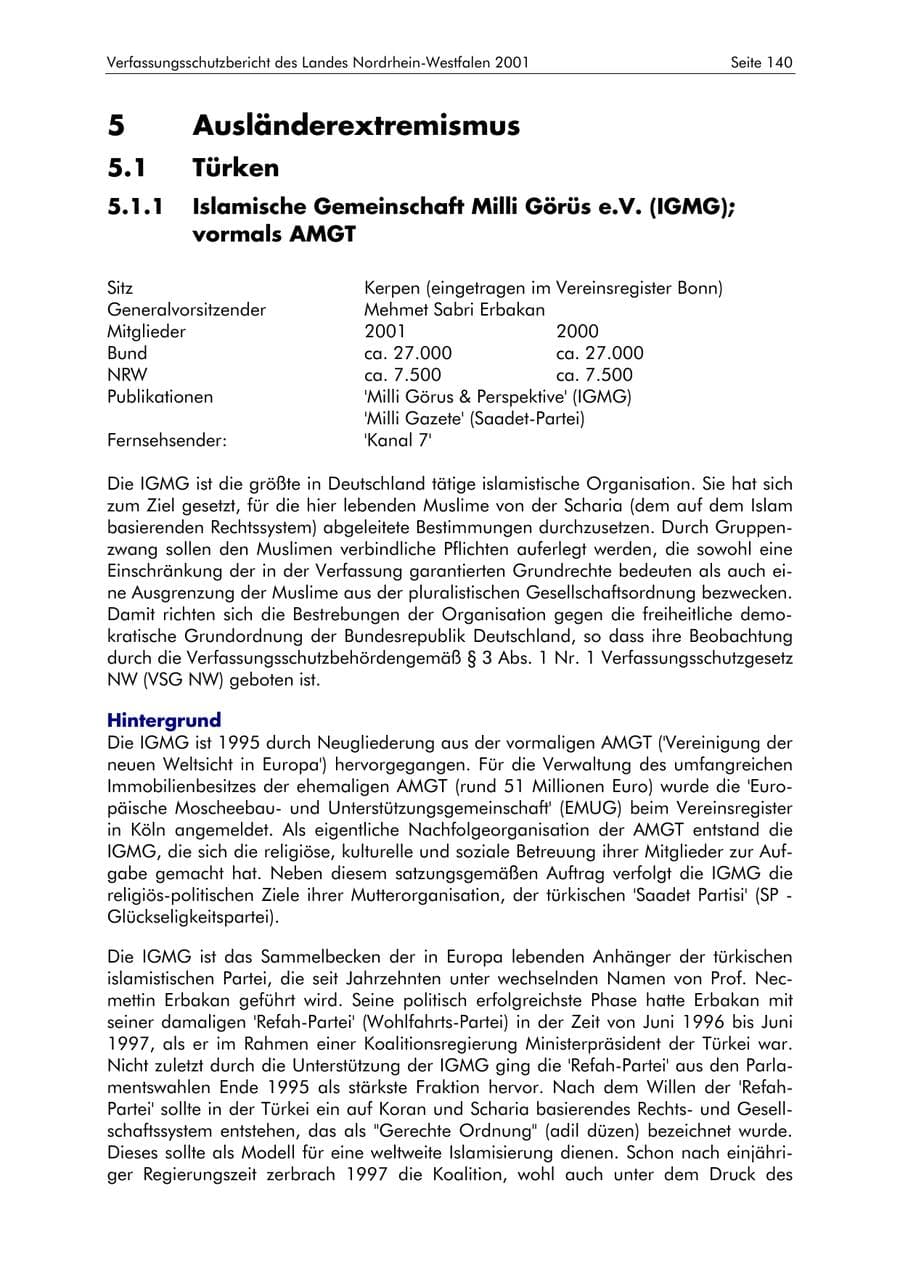 Seite 140 des Verfassungsschutzbericht 2001 Nordrhein-Westfalen