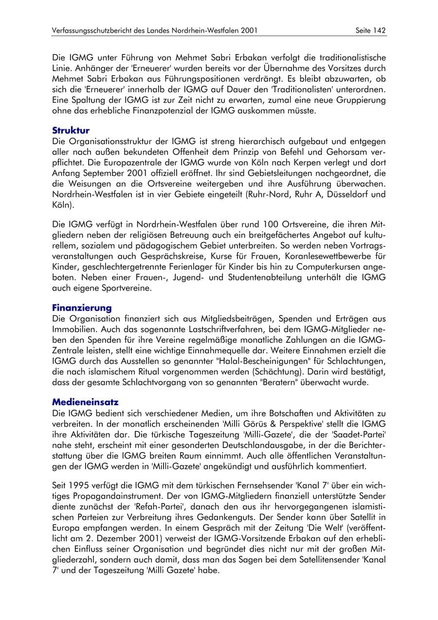 Seite 142 des Verfassungsschutzbericht 2001 Nordrhein-Westfalen