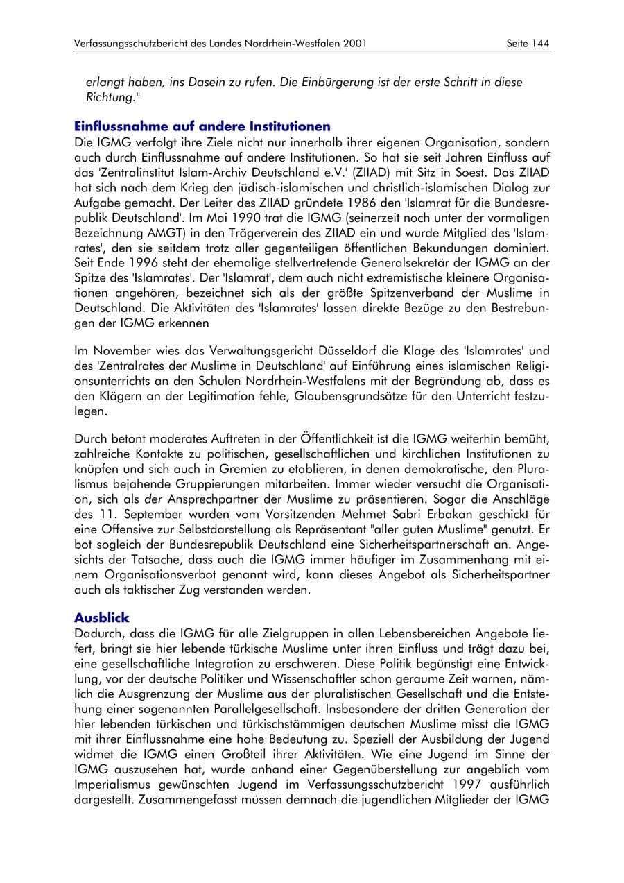 Seite 144 des Verfassungsschutzbericht 2001 Nordrhein-Westfalen