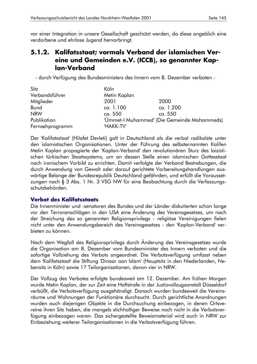 Seite 145 des Verfassungsschutzbericht 2001 Nordrhein-Westfalen