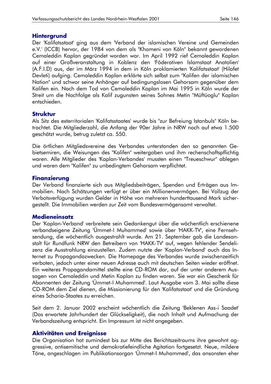 Seite 146 des Verfassungsschutzbericht 2001 Nordrhein-Westfalen