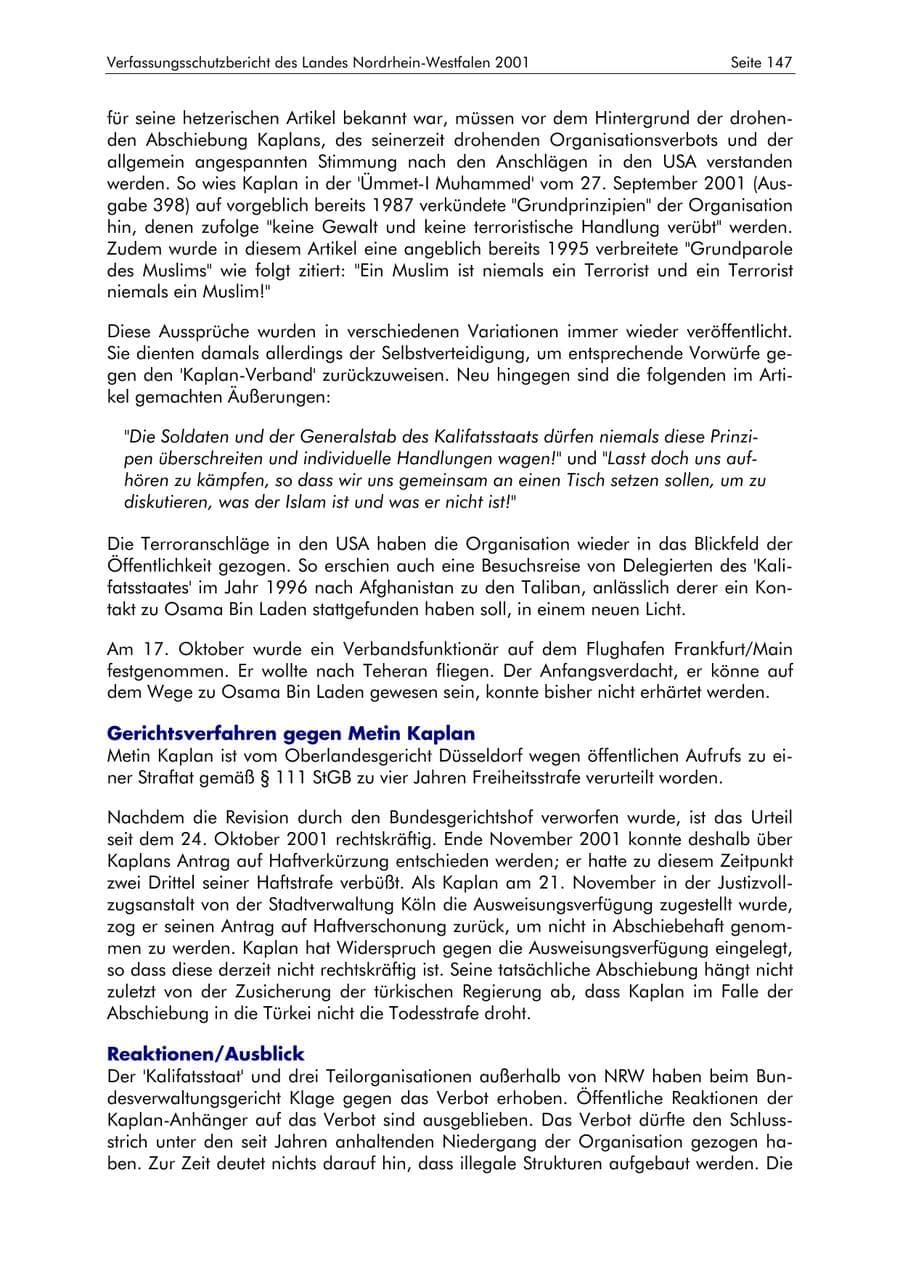 Seite 147 des Verfassungsschutzbericht 2001 Nordrhein-Westfalen