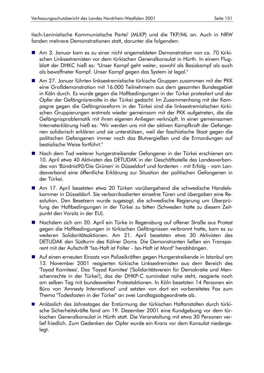 Seite 151 des Verfassungsschutzbericht 2001 Nordrhein-Westfalen