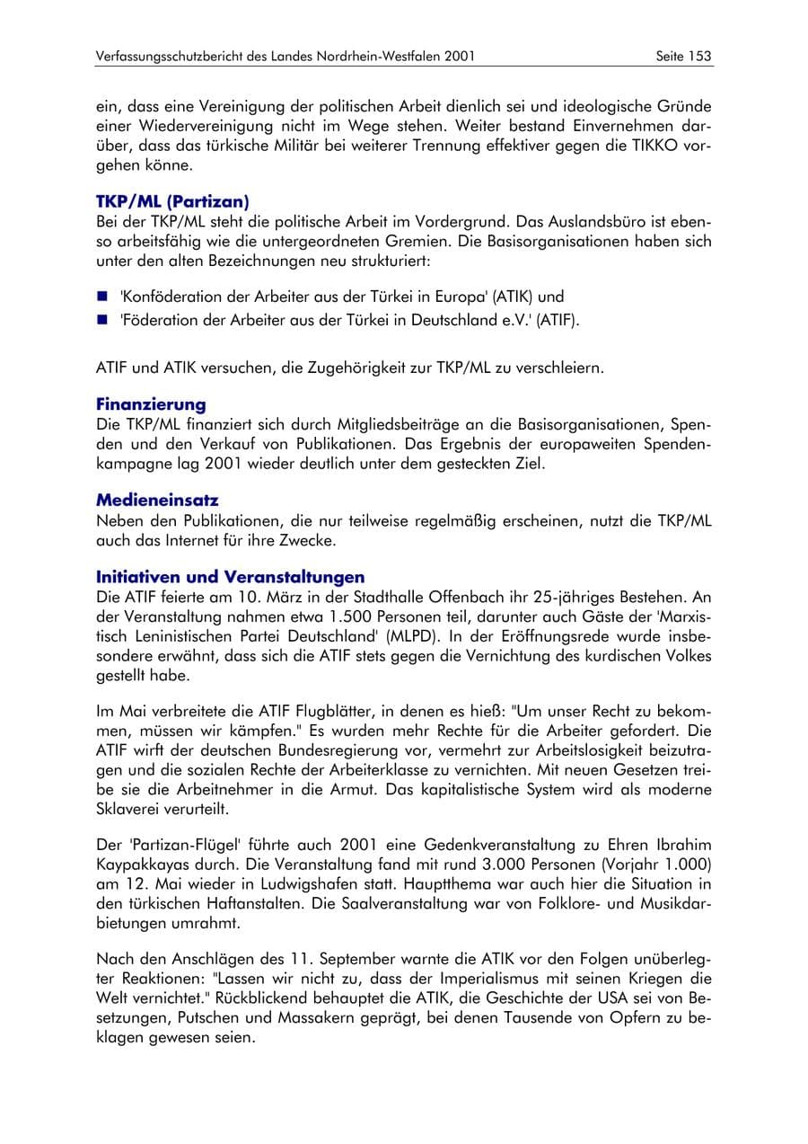 Seite 153 des Verfassungsschutzbericht 2001 Nordrhein-Westfalen