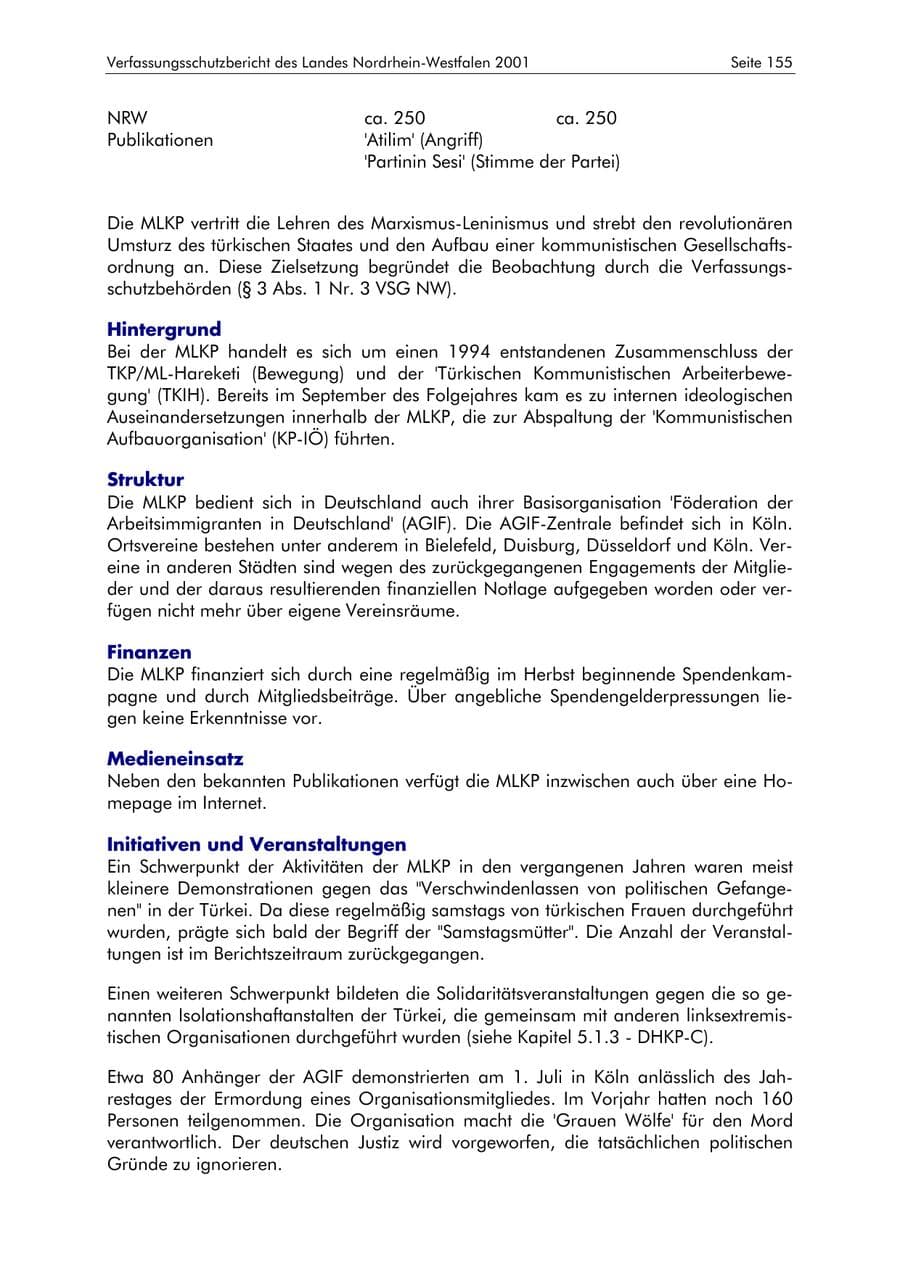 Seite 155 des Verfassungsschutzbericht 2001 Nordrhein-Westfalen