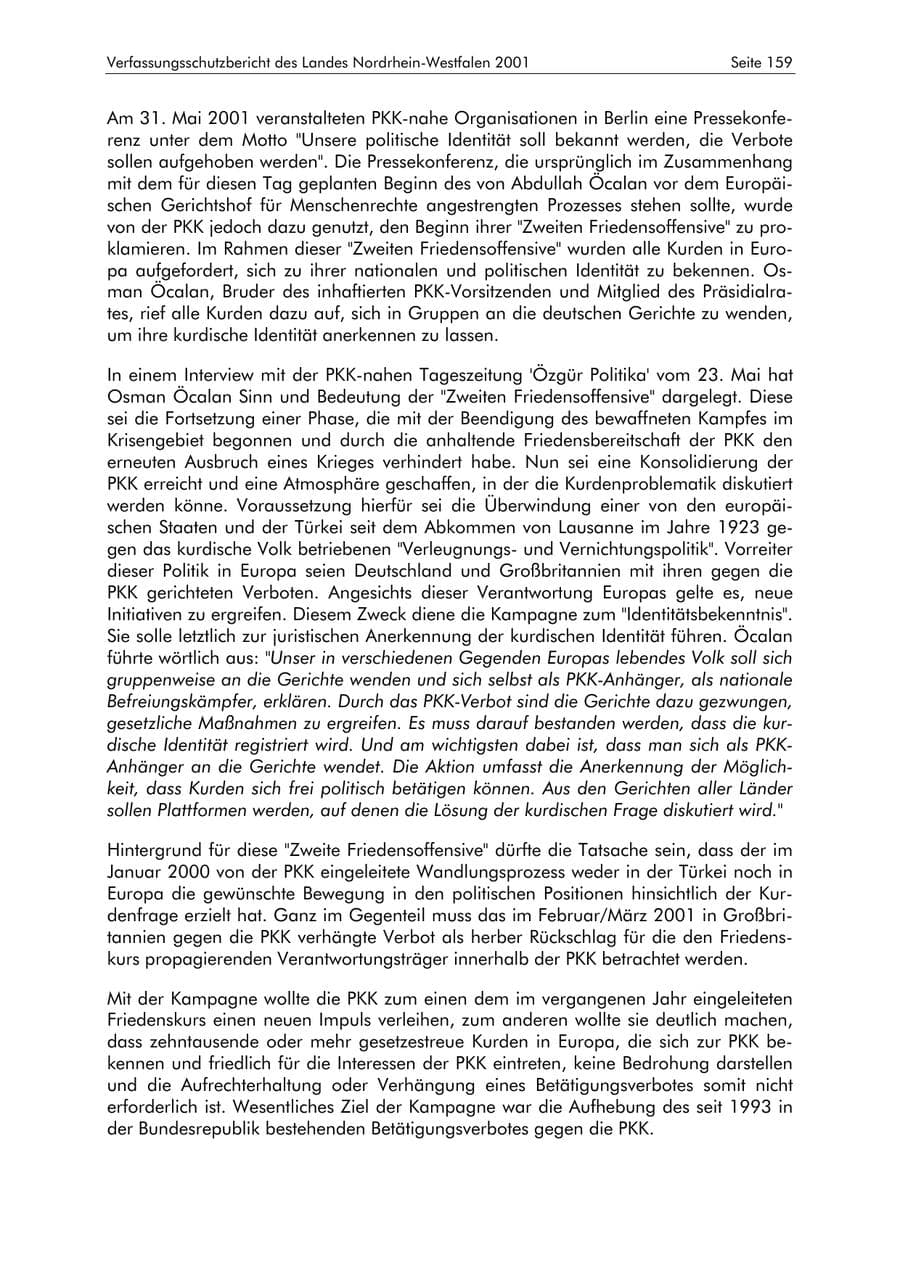 Seite 159 des Verfassungsschutzbericht 2001 Nordrhein-Westfalen