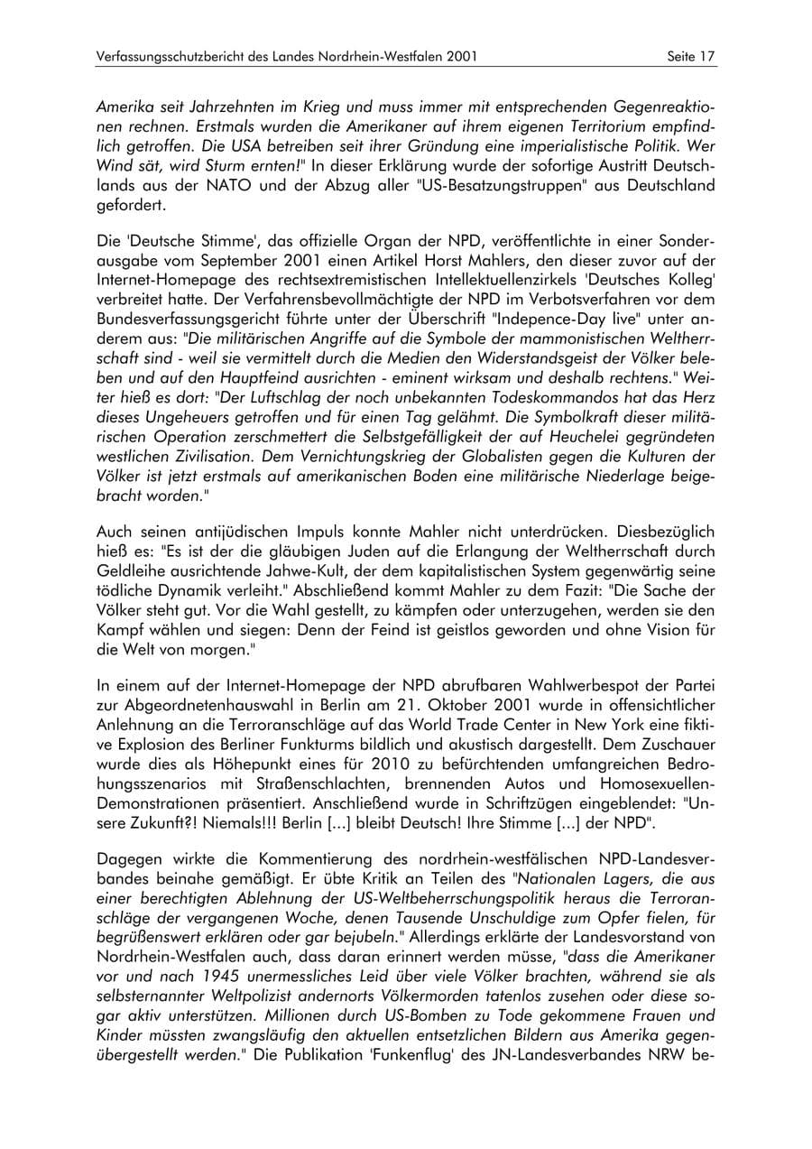 Seite 17 des Verfassungsschutzbericht 2001 Nordrhein-Westfalen