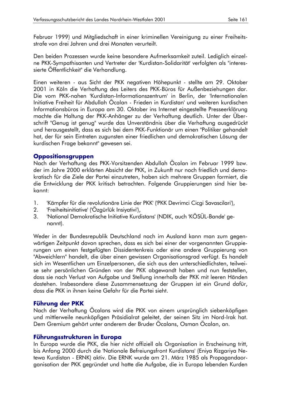 Seite 161 des Verfassungsschutzbericht 2001 Nordrhein-Westfalen