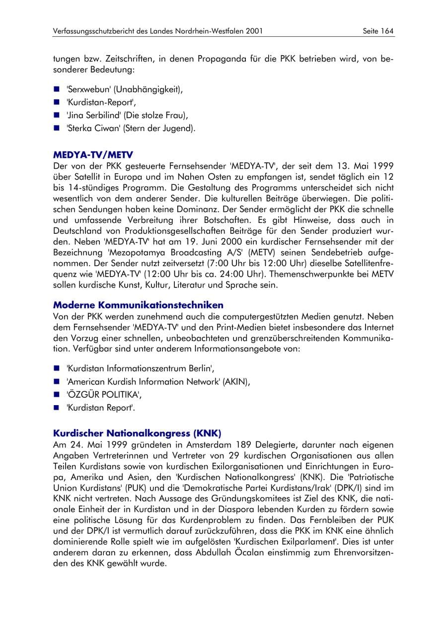 Seite 164 des Verfassungsschutzbericht 2001 Nordrhein-Westfalen
