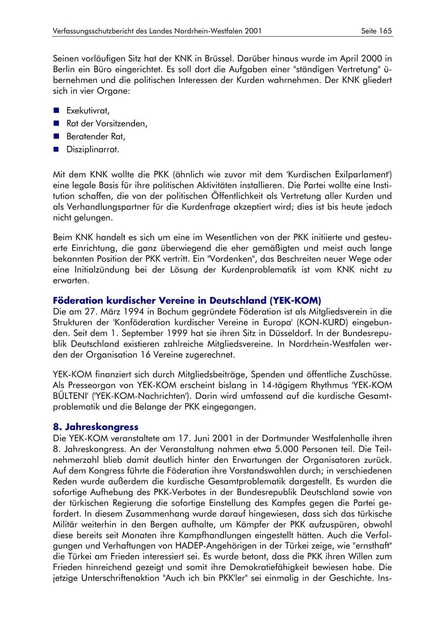 Seite 165 des Verfassungsschutzbericht 2001 Nordrhein-Westfalen