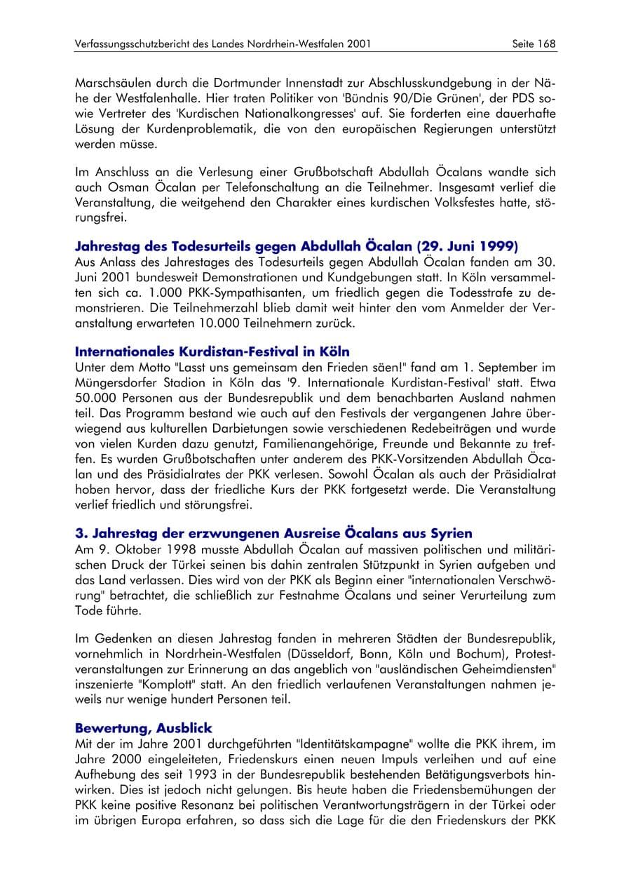 Seite 168 des Verfassungsschutzbericht 2001 Nordrhein-Westfalen