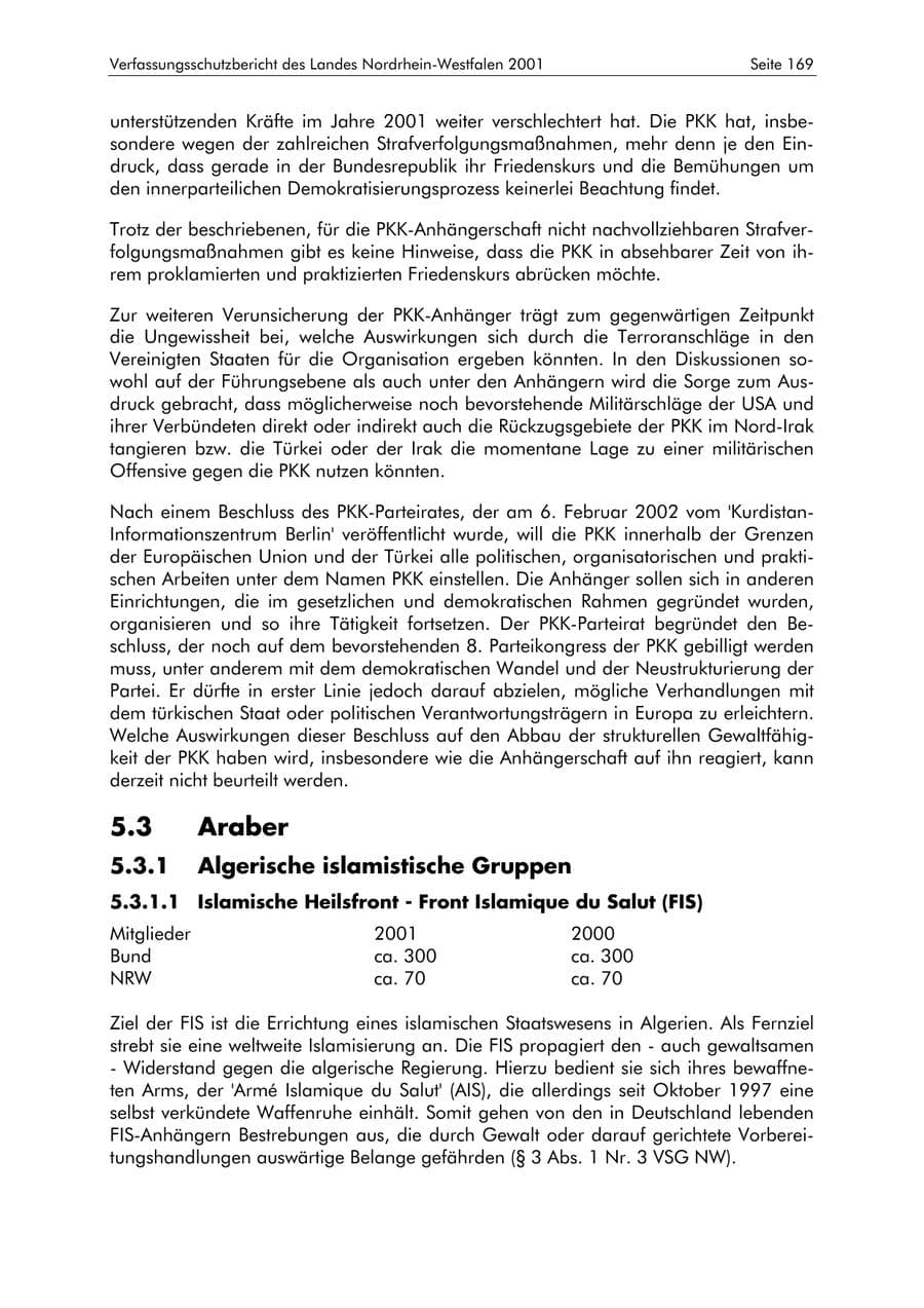 Seite 169 des Verfassungsschutzbericht 2001 Nordrhein-Westfalen