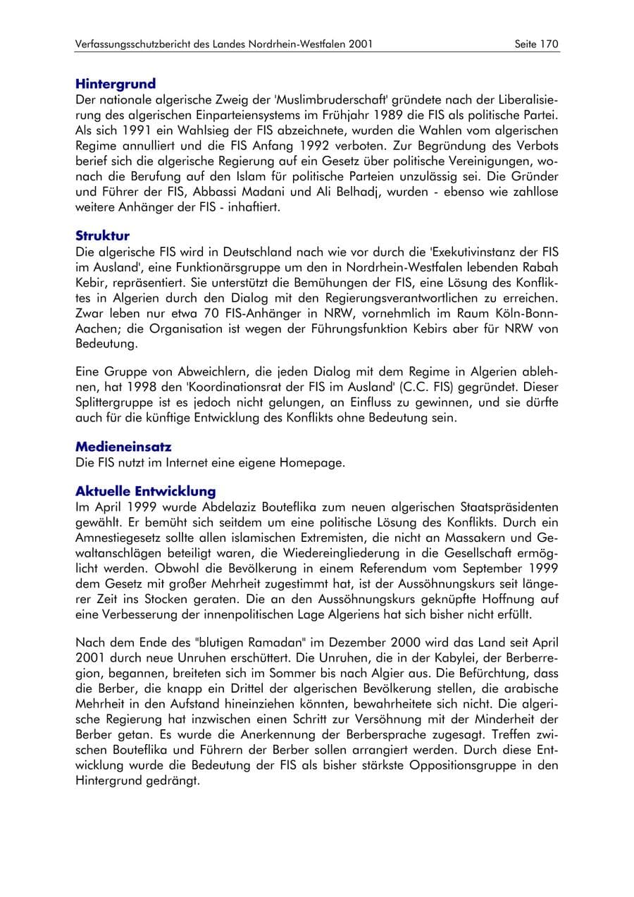 Seite 170 des Verfassungsschutzbericht 2001 Nordrhein-Westfalen