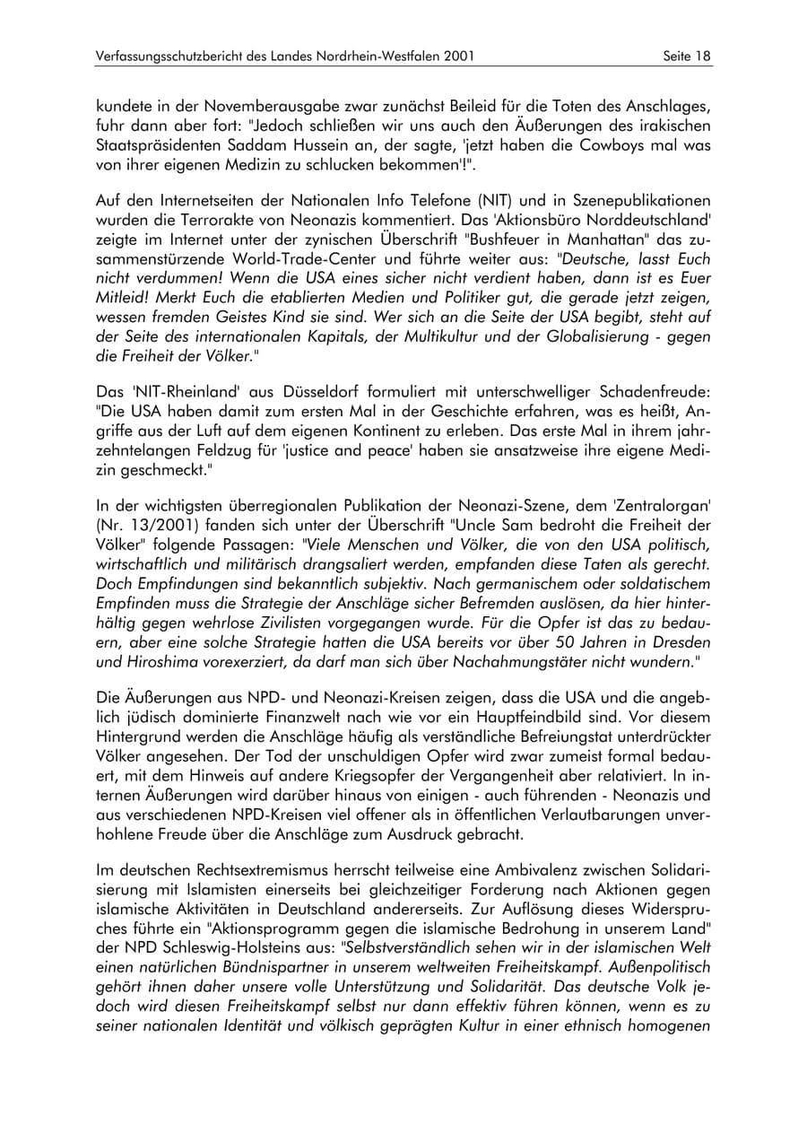 Seite 18 des Verfassungsschutzbericht 2001 Nordrhein-Westfalen