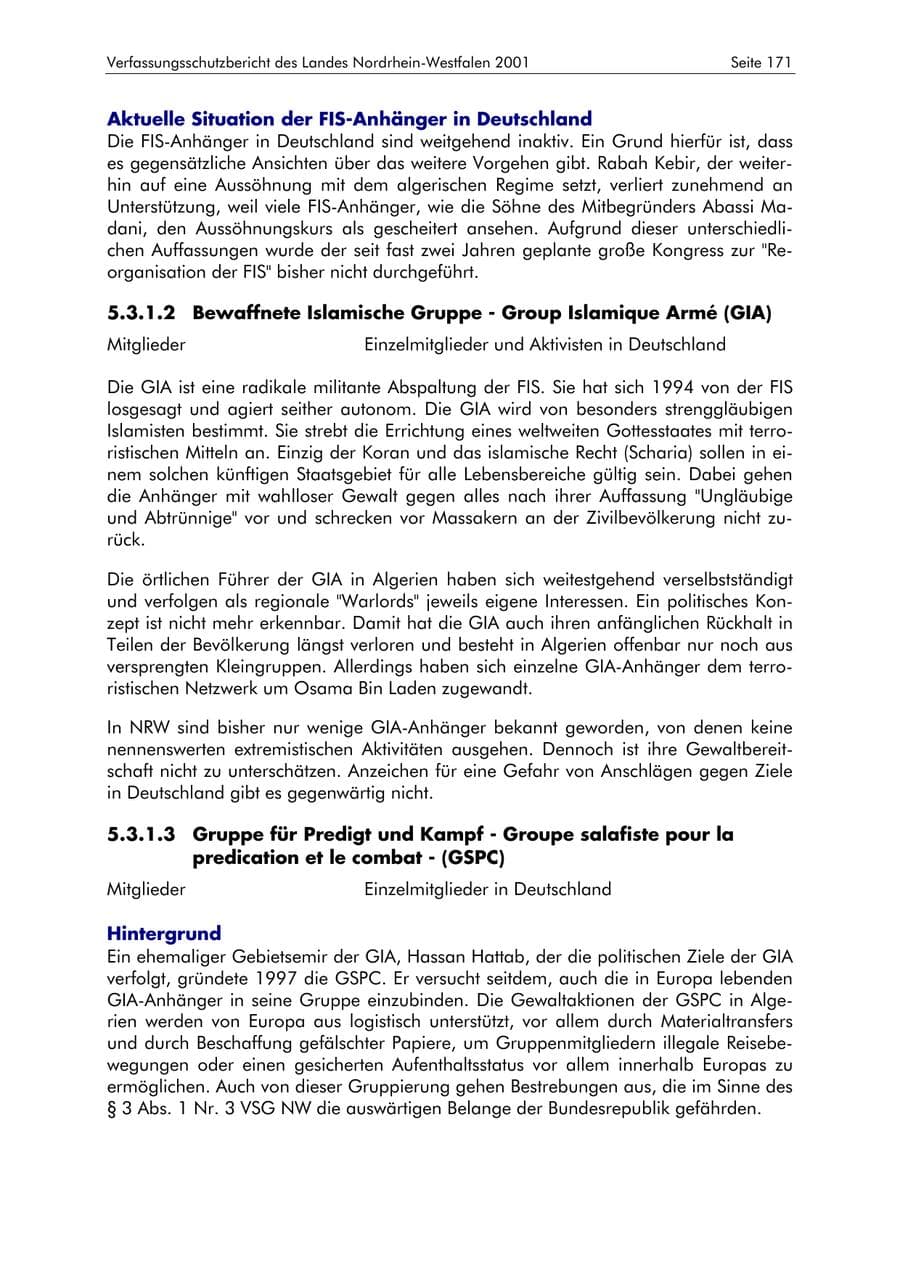 Seite 171 des Verfassungsschutzbericht 2001 Nordrhein-Westfalen