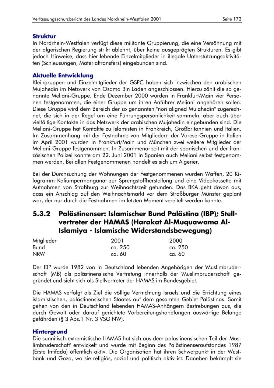 Seite 172 des Verfassungsschutzbericht 2001 Nordrhein-Westfalen
