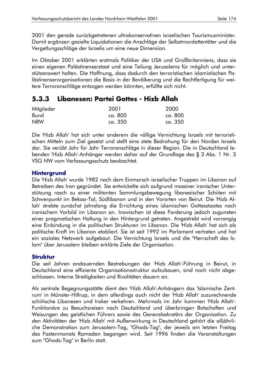 Seite 174 des Verfassungsschutzbericht 2001 Nordrhein-Westfalen