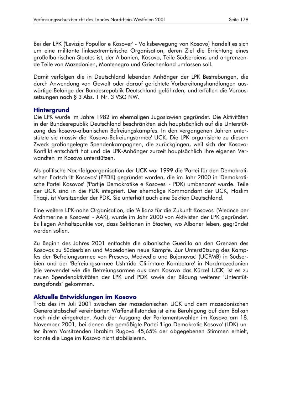 Seite 179 des Verfassungsschutzbericht 2001 Nordrhein-Westfalen
