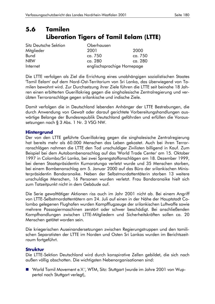 Seite 180 des Verfassungsschutzbericht 2001 Nordrhein-Westfalen