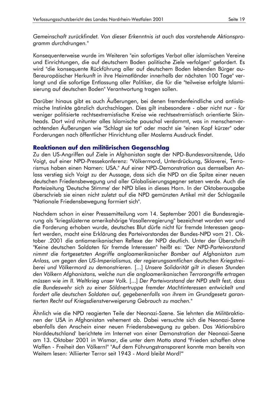 Seite 19 des Verfassungsschutzbericht 2001 Nordrhein-Westfalen