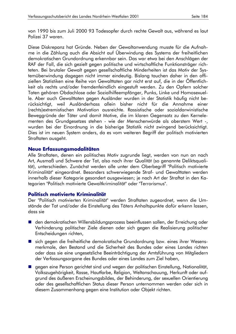 Seite 184 des Verfassungsschutzbericht 2001 Nordrhein-Westfalen