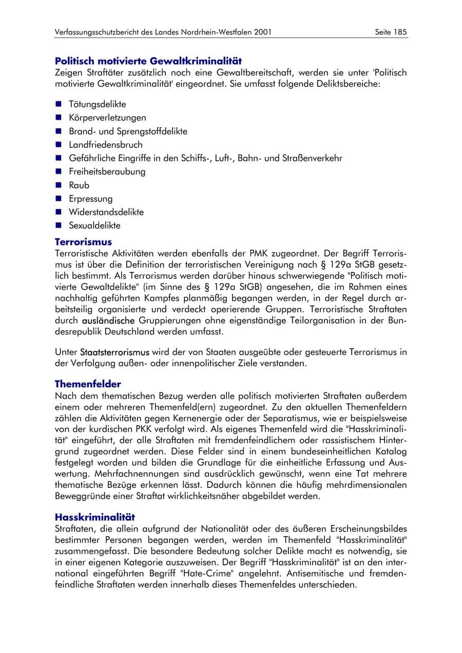 Seite 185 des Verfassungsschutzbericht 2001 Nordrhein-Westfalen