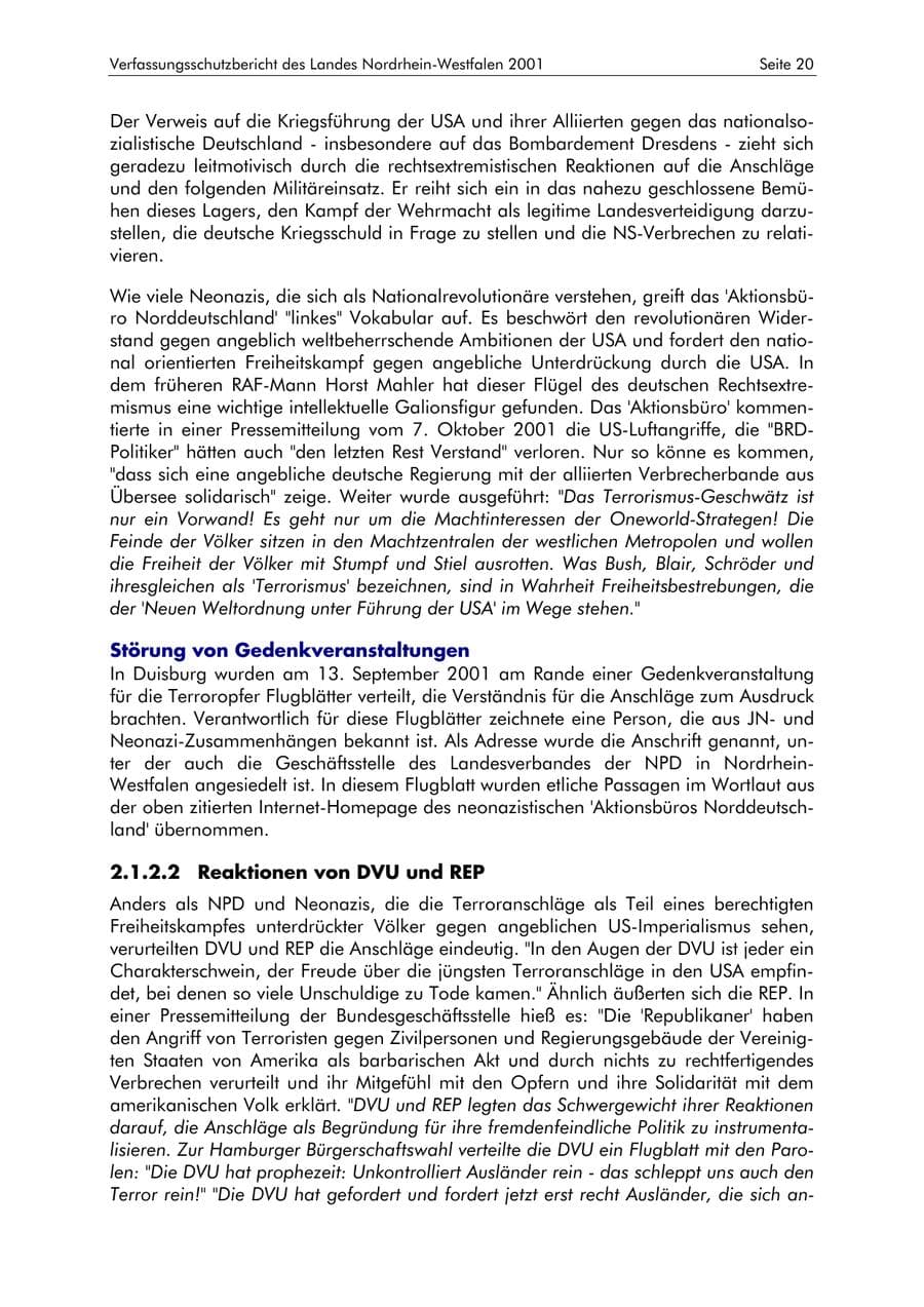 Seite 20 des Verfassungsschutzbericht 2001 Nordrhein-Westfalen