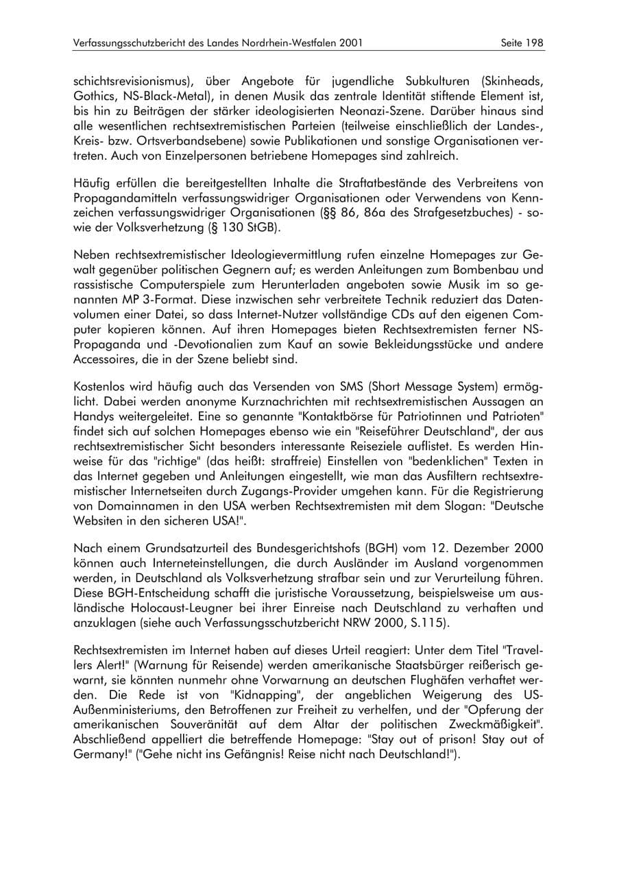 Seite 198 des Verfassungsschutzbericht 2001 Nordrhein-Westfalen