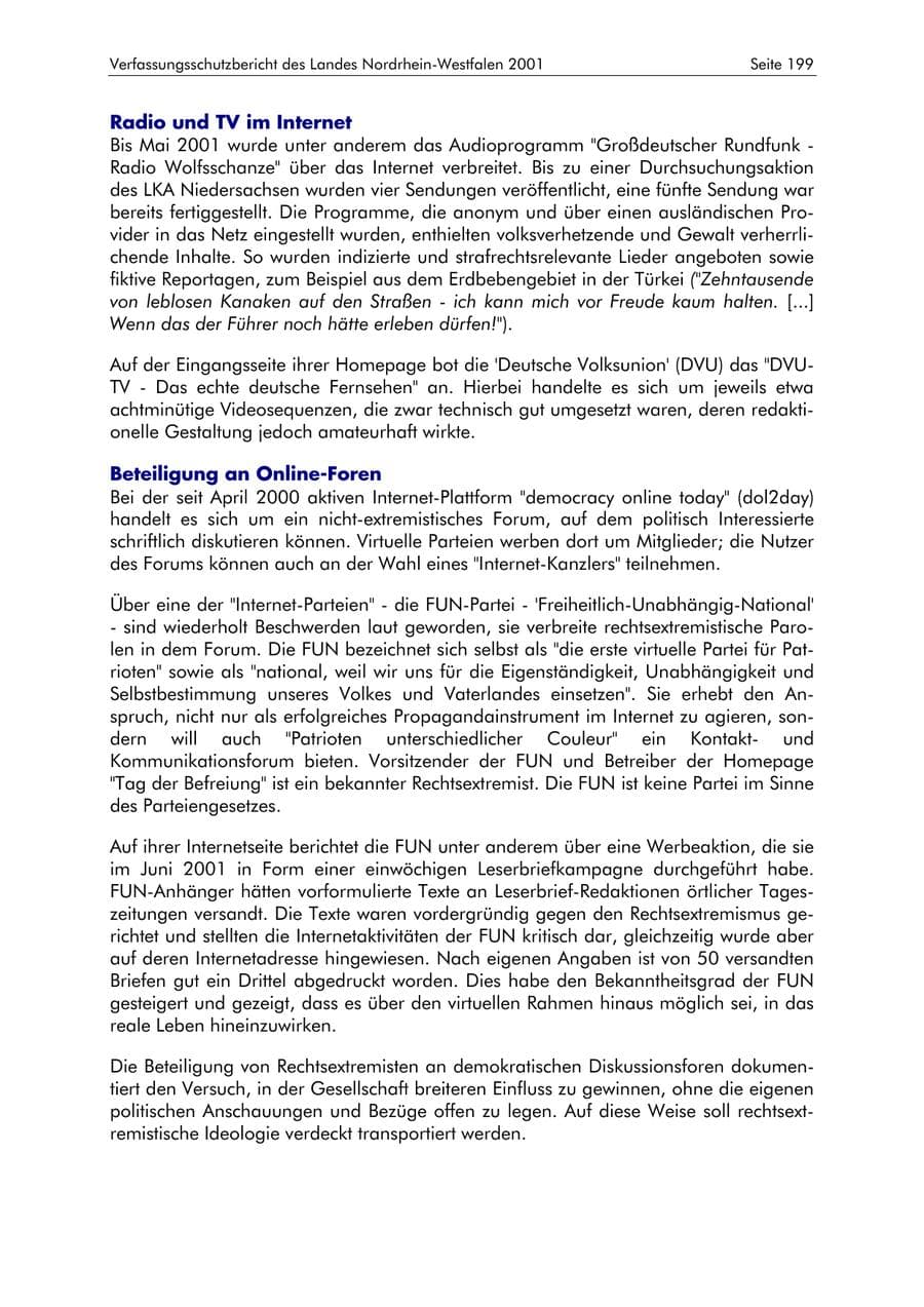 Seite 199 des Verfassungsschutzbericht 2001 Nordrhein-Westfalen