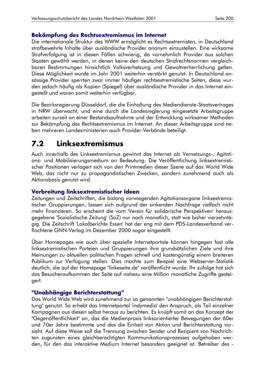 Seite 200 des Verfassungsschutzbericht 2001 Nordrhein-Westfalen