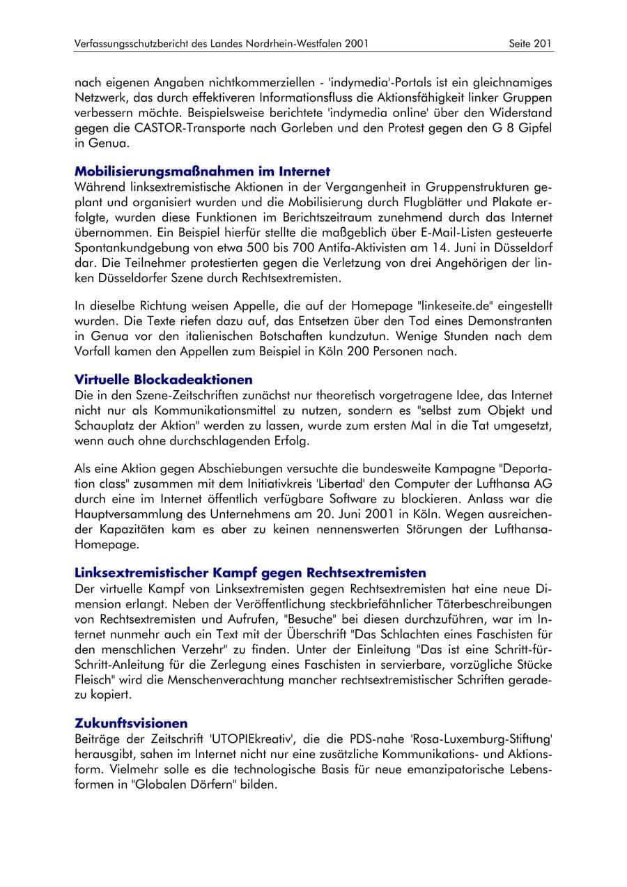 Seite 201 des Verfassungsschutzbericht 2001 Nordrhein-Westfalen