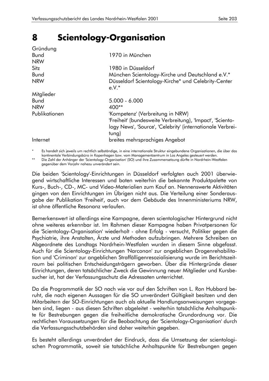 Seite 203 des Verfassungsschutzbericht 2001 Nordrhein-Westfalen